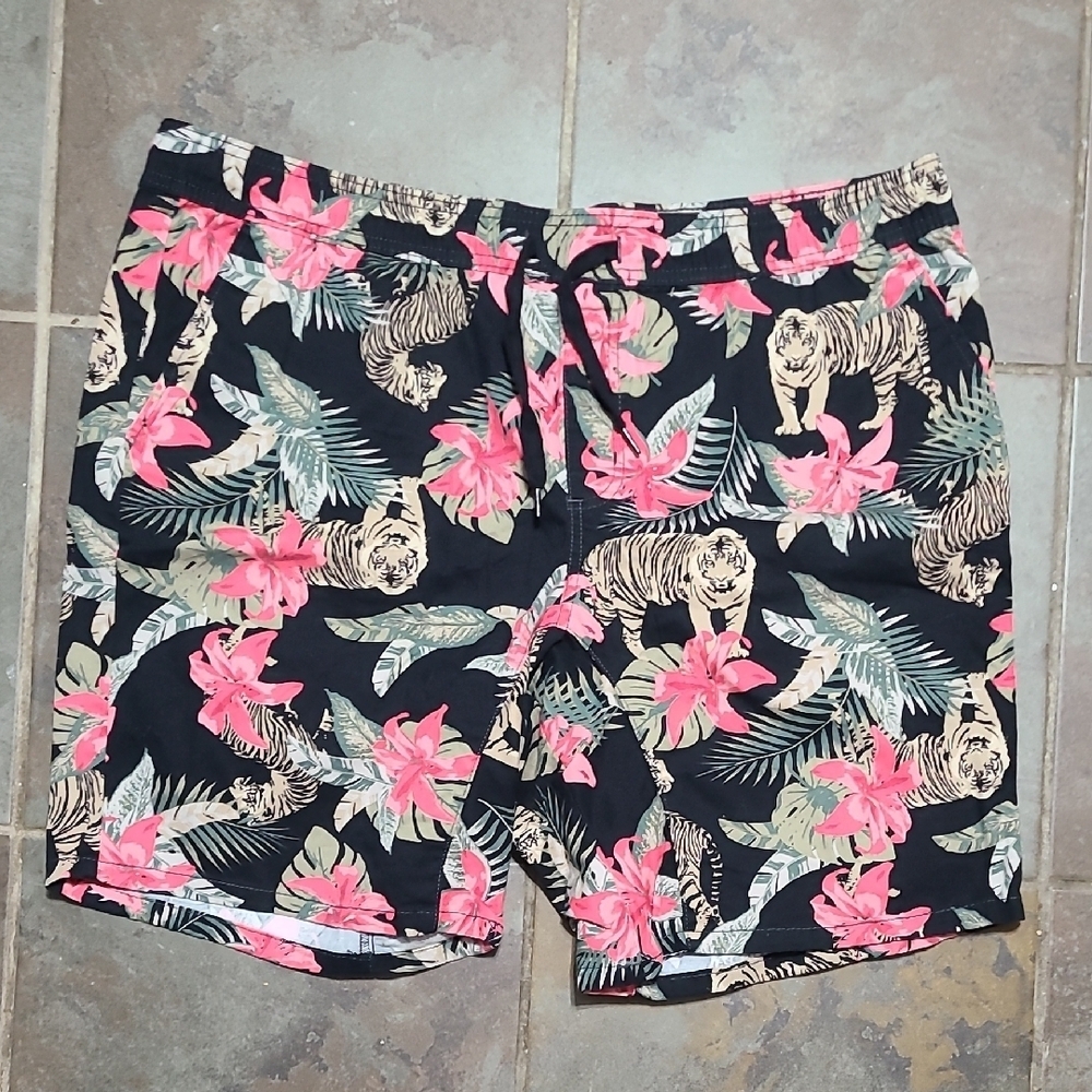 Floral Tiger Print Shorts Mens XL 40-42 Swim Trunks Drawstring